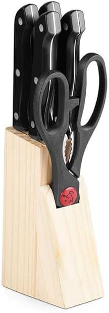 Blase Enterprise Angular Holder Shears Kitchen Knifes 6 Piece Set with Wooden Block (Stainless Steel)