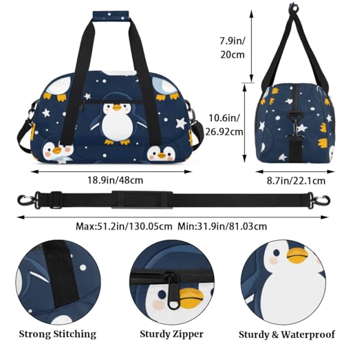 Penguin Theme Gym Travel Duffle Bag for Boys - Gymnastics Sports Dance Bag with Front Zipper Pocket for School Practice or Overnight Travel Weekender Sleepover Tote Bag Starry Night Penguins3