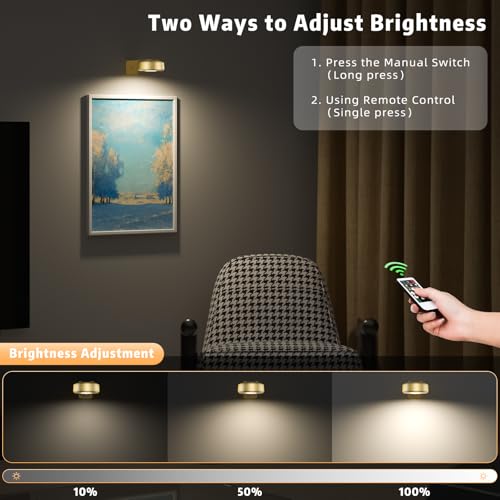 3PCS Picture Lights with Remote, Wireless Rechargeable Battery Wall Light for Paintings, 3 Colors Paintings Light Dimmable and Timer Metal Art Light for Display, Wall, Artwork, Gallery (Gold)
