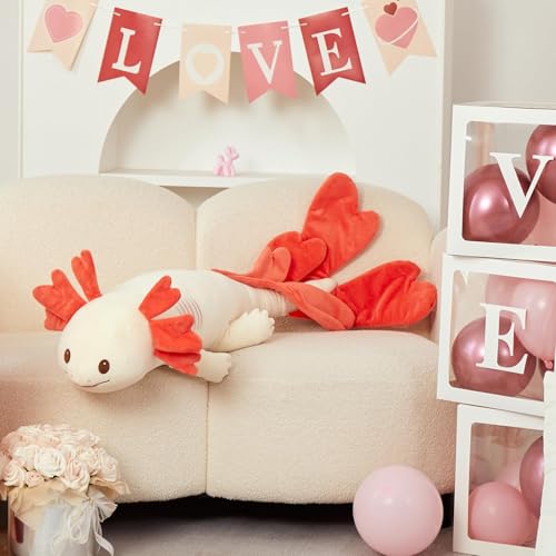 Image of MaoGoLan 44 inch Axolotl Stuffed Animal, Giant Glow in The Dark Axolotl Plush Stuffy for Girl Boy Kid, Long Pink Love Heart Salamander Plush Body Pillow for Birthday, Baby Shower Decor