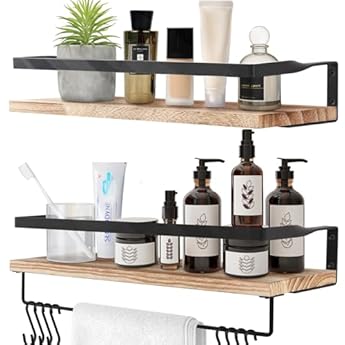 Foto di Uten Mensole da Muro Design Moderne, Set 2 Pezzi Mensole da Muro in Legno con Portasciugamani e Ganci, Mensole Sospesa da Parete Rustico per Cucina, Bagno, Salotto, Ufficio, 42 x 15 x 6,8 cm