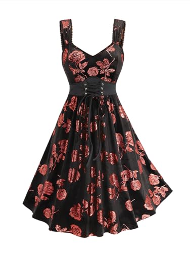 Image of Rosegal Women Plus Size Gilding Rose Lace Up Velvet Sleeveless Swing Dress