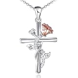 Distance Rose Cross Necklace for Women Girls Sterling Silver Two-Tone Rose Flower Pendant Jewelry fo
