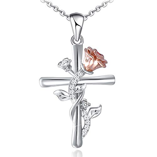 Distance Rose Cross Necklace For Women Girls Sterling Silver Two-Tone Rose Flower Pendant Jewelry For Girlfriend Wife Mother Daughter #TOP7