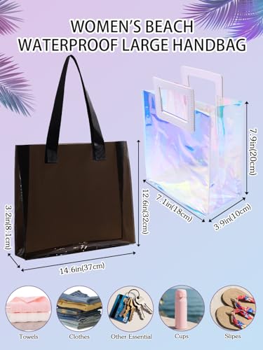 Woeoe 2Pcs Beach Clear Tote Bags Black Large Waterproof Tote Bags Iridescent Beach Tote Bag for Pool Vacation Stadium4