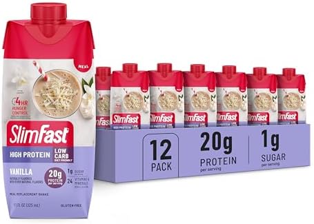 SlimFast Protein Shake, Vanilla- 20g Protein, Meal Replacement Shake Ready to Drink, High Protein with Low Carb and Low Sugar, 24 Vitamins and Minerals, 12 Count (Pack of 1) (Packaging May Vary)