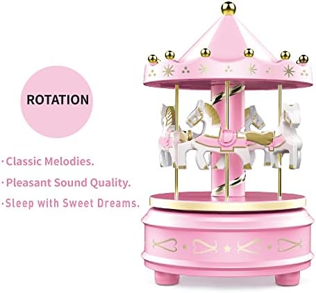 WEofferwhatYOUwant Carousel Music Box - Easy Twist, Pink - 4 Horse Classic Decor, Melody Beethoven's Fur Elise. Fall Asleep to Music Lights or Decorate Your Cake