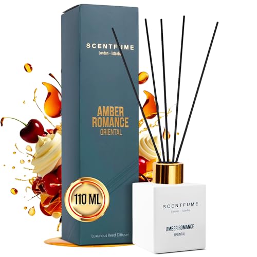 Scentfume® Raumdüfte | 110 ml | Diffusor mit Stäbchen, angenehmer Raumduft mit | Bernstein - Moschus - Vanille | Lang anhaltender Duft für jedes Zimmer, für eine frische Atmosphäre