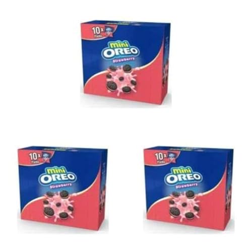 Image of Oreo Mini Strawberry Sandwich Biscuit 10 Mini Bag (10 X 20.4G) Box, 204Gram, Blue & Pink (Pack of 3)