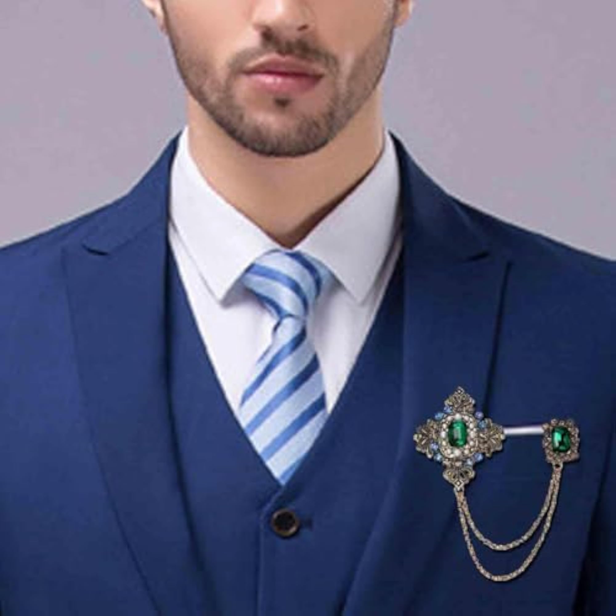 Men's Retro Gold Plated Chain Brooch with Green Crystal