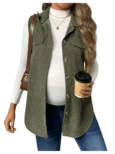 MakeMeChic Women's Maternity Vest Jacket Corduroy Sleeveless Button Down Jackets Blazer Army Green Small