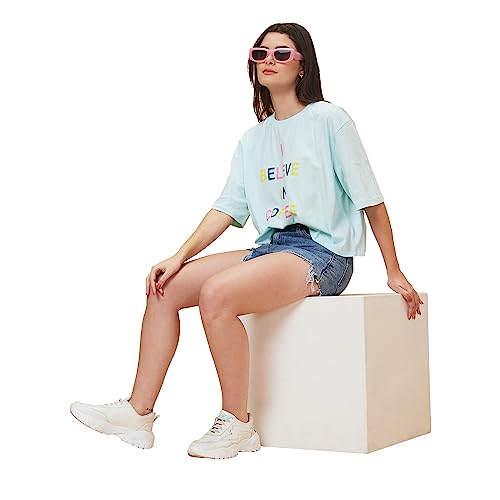 Image of Globus Women Blue Printed Round Neck Casual Boxy Fit T-shirt-3638180001