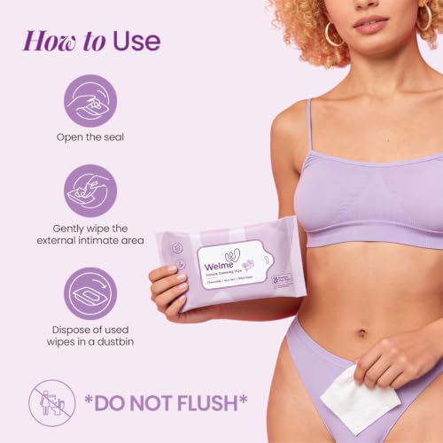 Image of Welme Intimate Cleansing Intimate Wipes for Daily Use | Chamomile, Aloe Vera & Witch Hazel | pH Balanced | Infused with Prebiotics | 20 Wipes for Travel, Periods & Pre /Post Intimacy