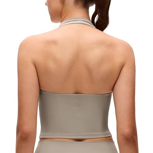 CRZ YOGA Butterluxe Halter Crop Tank Tops for Women - Open Back Padded Longline Sports Bras Workout Gym Warm Ash Grey XX-Small
