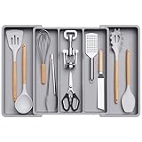Lifewit Utensil Drawer Organiser, Expandable Large Cutlery Tray for Kitchen, Adjustable Silverware Flatware Holder, Plastic Kitchen Spatula Tools and Gadgets Storage Divider, Large, Gray