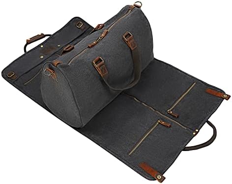 2 in 1 Canvas Leather Suit Luggage Garment Bag with Shoulder Strap for Travel and Business Trips (Black)