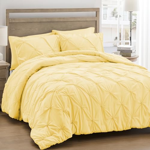 UNIKOME Queen Comforter Set Yellow - Ultra Soft Boho Pintuck Down Alternative Bedding Set for All Seasons 3 Pieces Lightweight Warm Pinch Pleat Bed Set with Comforter 2 Pillowcases