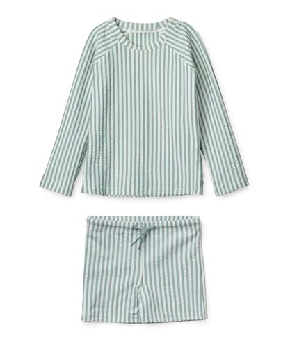 LDIOIF Toddler Boys Two Piece Swimsuit Rash Guard Set Long Sleeve Swim Shirt Swim Trunks& Shorts Blue Seersucker Bathing Suit