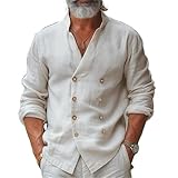 Mens Cotton and Linen Shirts Casual Vintage Double Breasted Plus Size Blouse Tops Spring Fall Stand Collar Long Sleeve Linen T-Shirt Loose Fit Solid Color Lounge Tops Beige XL