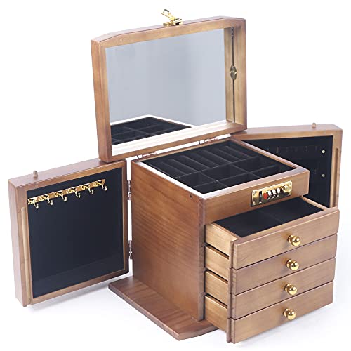 Schmuckkasten HaroldDol Schmuckkästchen mit 4 Schubladen, Abschließbarer Schmuck-Organizer mit Spiegel, Holz Schmuckschatulle mit 5 Ebenen, für Ringe Armbänder Ohrringe, Weihnachten, Braun