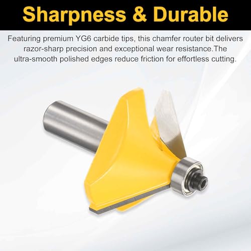 Image of HARFINGTON 45 Degree Chamfer Router Bit 1 /2 Inch Shank 1 /2 inch Cutting Edge Carbide Tip with Bearing for Woodworking Milling Cutter Tool, Yellow