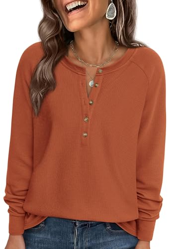 Image of PRETTYGARDEN Women's Long Sleeve Waffle Knit Henley Shirts Loose Tunic Tops