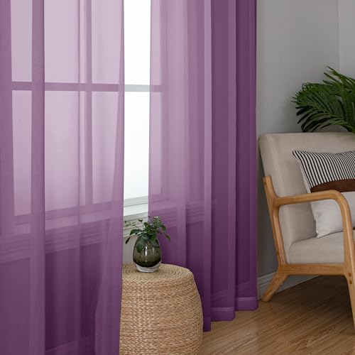 Image of Simplebrand Plum Sheer Curtains 63 Inch Length 2 Panels, Rod Pocket Solid Color Window Sheer Curtain Panels, Elegant Curtains & Drapes for Living Room, Bedroom 2 Panels (Plum, 42 inch W x 63 inch L)