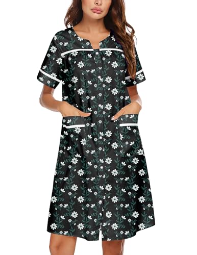 Image of Ekouaer Nightgowns for Women House Dress with Pockets Snap Front House Coat Short Sleeve Duster Moo Moos Sleepwear S-3XL