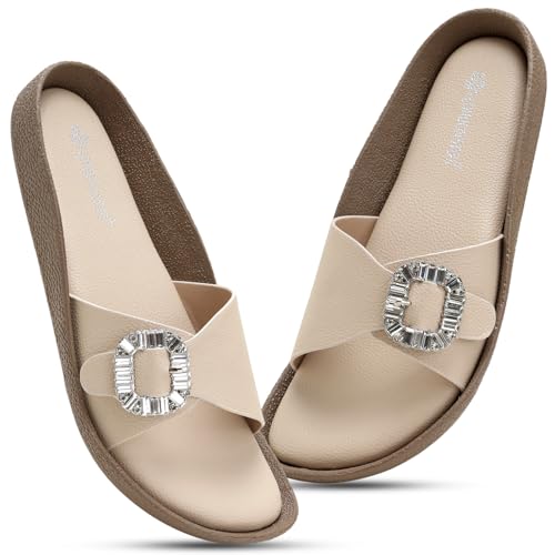 Image of Women Fashion Cross Strap Sliders with Crystal Buckle | Stylish Casual Slip-On Sandals for Women | Lightweight Comfort Slides Everyday Wear