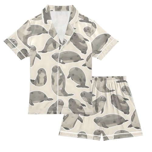ALAZA Manatee Cartoon Satin Pajamas Set Short Sleeve Button Down Sleepwear Summer Pjs 2 Piece