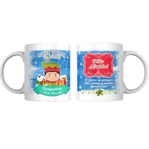 Genérico Taza desayuno de cerámica de 330 ml, Regalo divertido para trabajadores de cualquier profesión. Especial taza desayuno para familiar, amigos, compañeros, pareja. (COMPAÑERO NAVIDAD)