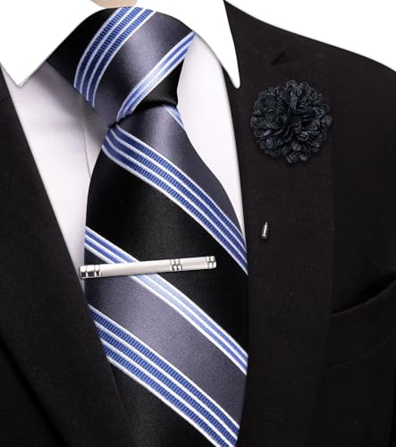 Image of Hi-Tie 63 inches Striped Paisley Extra Long Ties for Men Silk Necktie with Lapel Pin Tie Clip Big and Tall Men Formal Wedding