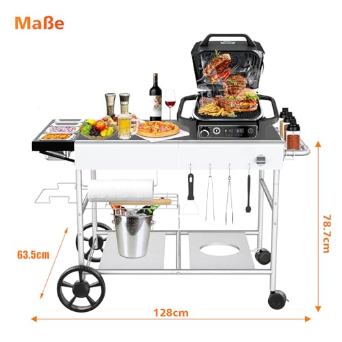 GFTIME 128 x 64 x 78cm Grillwagen Servierwagen für Weber Q Serie, Ninja Woodfire, Pizzaofen, Tischgrill,Grilltisch mit großer Arbeitsfläche, Outdoor Servierwagen Garten Trolley
