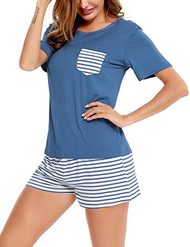 Swomog Women Pajamas Set Striped Short Sleeve Crew Neck Sleepwear Pj Set Nightwear #TOP5