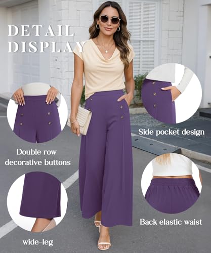 Womens Elastic High Waisted Wide Leg Pants Loose Casual Long Palazzo Trousers with Button Decor and Pockets4