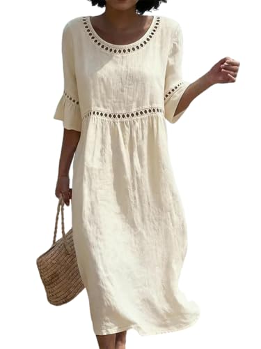 Onsoyours Robe D'Été Femme Longue Boheme Élégant Col Rond Midi Dress en Coton Lin Plage Décontractée Chic Trapèze Légère Fluide Robes Soirée A Beige S