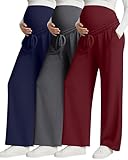 Huukeay 3 Pack Women's Maternity Pants Over The Belly Drawstring Pregnancy Pants Stretchy Lounge Trousers with Pockets(Navy Blue, Heather Gray, Wine Red,Large)