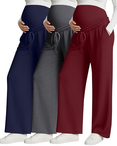Huukeay 3 Pack Women's Maternity Pants Over The Belly Drawstring Pregnancy Pants Stretchy Lounge Trousers with Pockets(Navy Blue, Heather Gray, Wine Red,Large)
