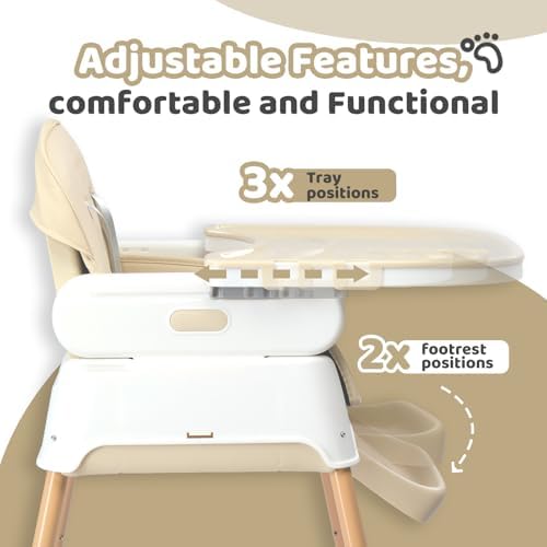 JOYMOR 5 in 1 Baby High Chair for Babies and Toddlers, Portable Highchair Fold Compact, ConvertibleBaby Feeding Chair Booster for Eating with Detachable Double Tray, 5 Point Harness (Beige) — view 3