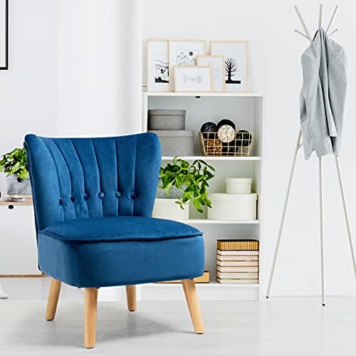 CASART Velvet Fabric Accent Leisure Chair, Modern Wing Back Chair with Solid Wood Legs, Upholstered Accent Lounge Chair for Bedroom, Living room & Office (Blue, 55 x 69 x 73 cm)