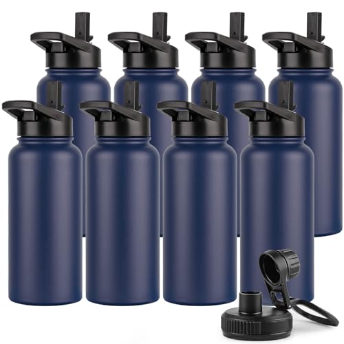 Bulk, Vacuum Insulated Stainless Steel Sports Water Bottle With Straw Lid & Spout Lid, Leakproof, Reusable - Travel, Camping, Bike, Navy Blue (8 Pack)