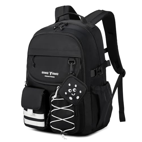 Amythe Schultasche Mädchen, Schulranzen für Mädchen 1.3. 5.Klasse, Großer Kinderrucksack mit Niedlichem Münzbeutel, Lässiger Rucksack für Mädchen 8-14 Jahre mit Vielen Fächern, Schwarz