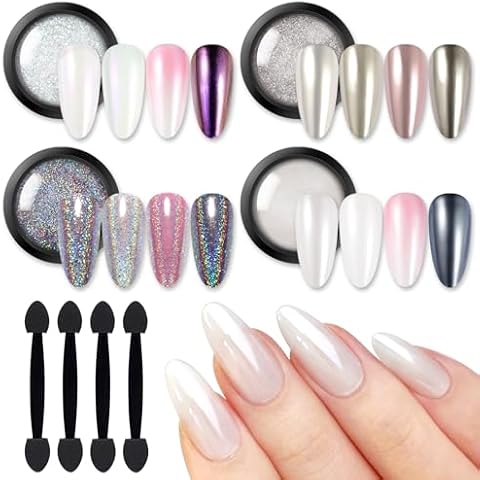 BORN PRETTY Chrome Nail Powder,White Pearl Metallic Mirror Holographic Chrome Powder for Nails,Pearl Glitter Pigment Dust Kit Nail Art Decoration Sets Cover