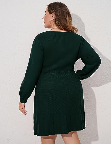 Image of Women's Plus Size Casual Sweater Dress Square Neck Long Lantern Sleeve Tie Waist Loose Pullover Sweater Dresses