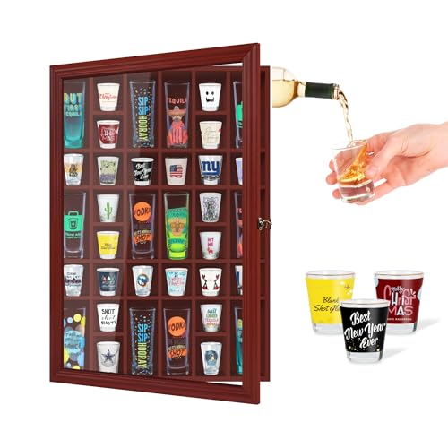 ILOT Shot Glass Display Cabinet Solid Wood - Large Display Case for Collectibles | Man Cave Accessories | UV Protection Acrylic Door | Wall Mounted Black Shadow Box (26 x 18 Mhg)