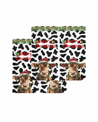 Hokiten Black White Cow Christmas Waffle Kitchen Towels Dishcloths, Xmas Botanical Snowflake Absorbent Dish Towels | Hand Towels for Bathroom/Bar, 12 x 12 Inch, 2 Pcs