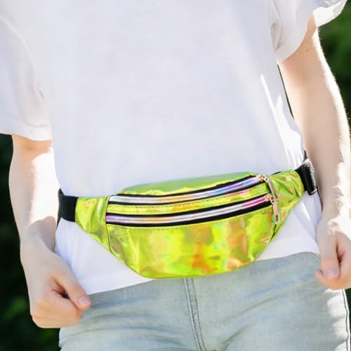 SSKHE Bunte, glänzende Hüfttasche für Party, Karneval, Sport, den täglichen Gebrauch, metallische Bauchtasche mit verstellbarem Riemen, wasserdicht, stilvolle Laser-Gürteltasche, 3 Fächer, grün