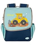Mein Zwergenland | Kindergartenrucksack | Happy Knirps Next | Personalisierter Rucksack mit Namen | Kindergartenrucksack für Jungen & Mädchen | Rucksack Kinder 6 Liter | Blau | „Baustelle“