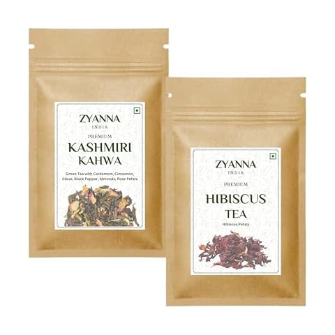 Zyanna Kashmiri Kahwa Tea (3.53oz) & Hibiscus Tea (3.53oz) Combo Pack of 2 - Embark on a Flavorful Journey: A 200g Combo Pack for Exquisite Moments Cover