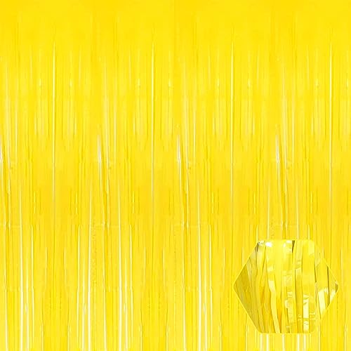 Image of 3 Pack Macaron Yellow Foil Fringe Curtain Backdrop, 3.28Ft x 9.8Ft Metallic Tinsel Foil Fringe Streamer Curtains for Photo Booth, Christmas Day, Thanksgiving, Wedding, New Year Party Decorations